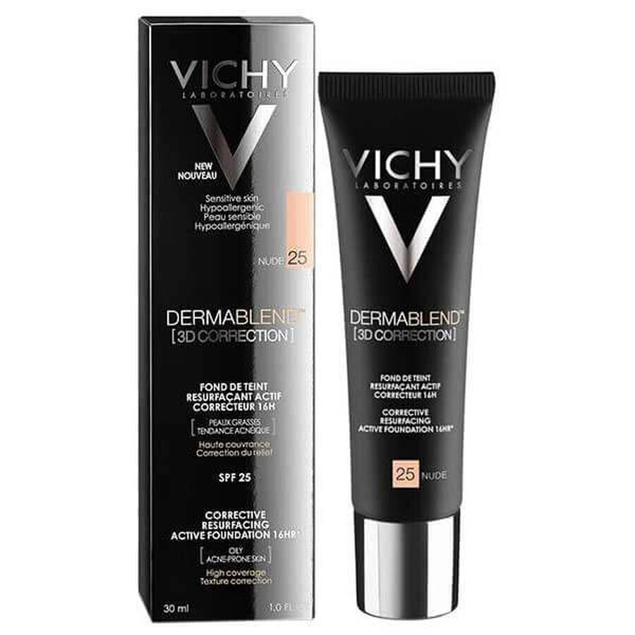 Vichy Dermablend Correzione 3D, fondotinta livellante della superficie cutanea, n. 25, Nude, 30 ml