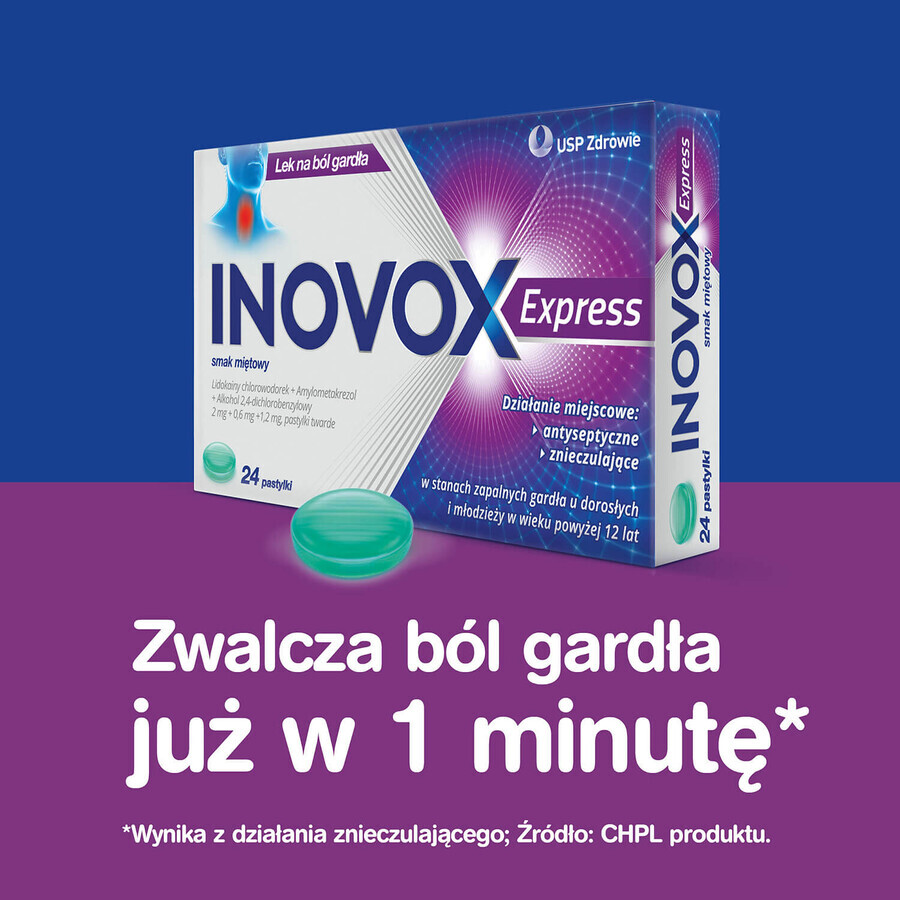 Inovox Express 2 mg + 0,6 mg + 1,2 mg, goût menthe, 24 pastilles