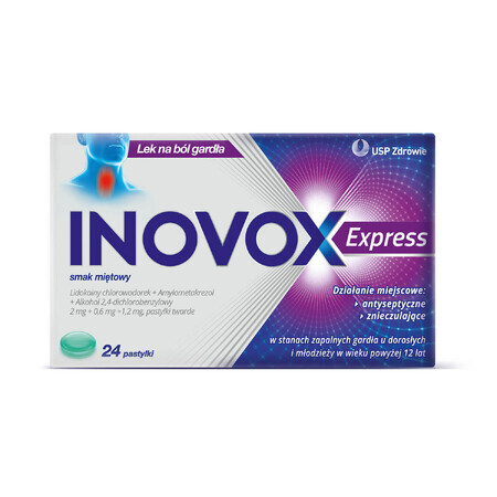 Inovox Express 2 mg + 0,6 mg + 1,2 mg, goût menthe, 24 pastilles