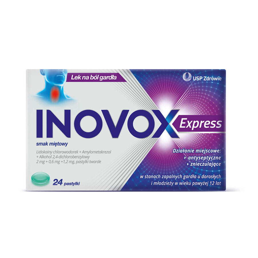 Inovox Express 2 mg + 0,6 mg + 1,2 mg, goût menthe, 24 pastilles