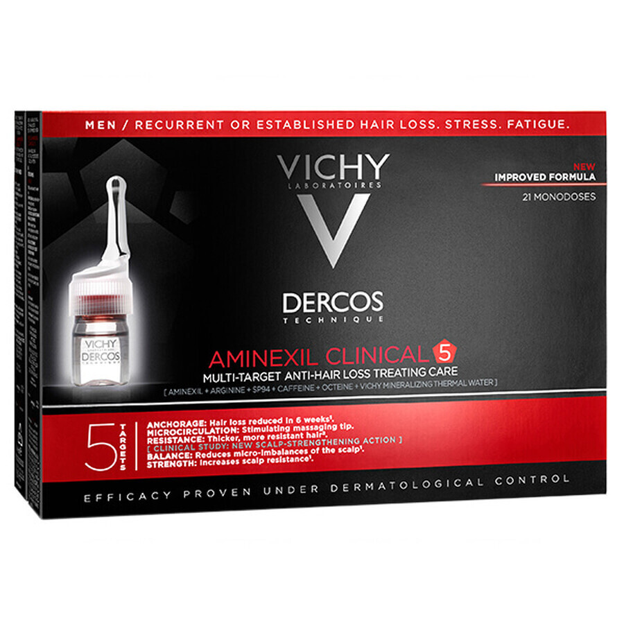 Vichy Dercos Aminexil Clinical 5, trattamento anti-caduta dei capelli per uomo, 6 ml x 21 fiale