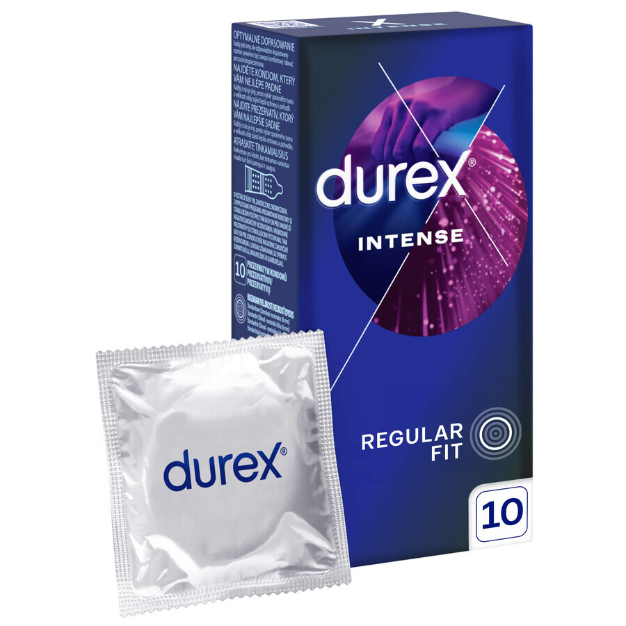 Durex Intense, preservativi con gel stimolante, a coste con bordino, 10 pezzi