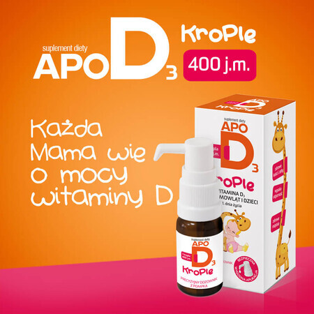 ApoD3 Gocce, vitamina D3 400 UI per neonati e bambini dal 1° giorno, 10 ml