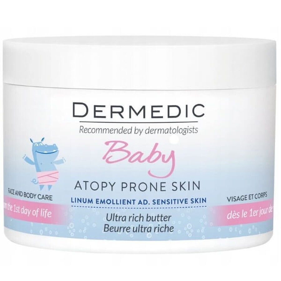 Dermedic Linum Emolient Baby, burro oleoso intensivo per viso e corpo dal primo giorno di vita, per pelli secche, molto secche e atopiche, 225 g