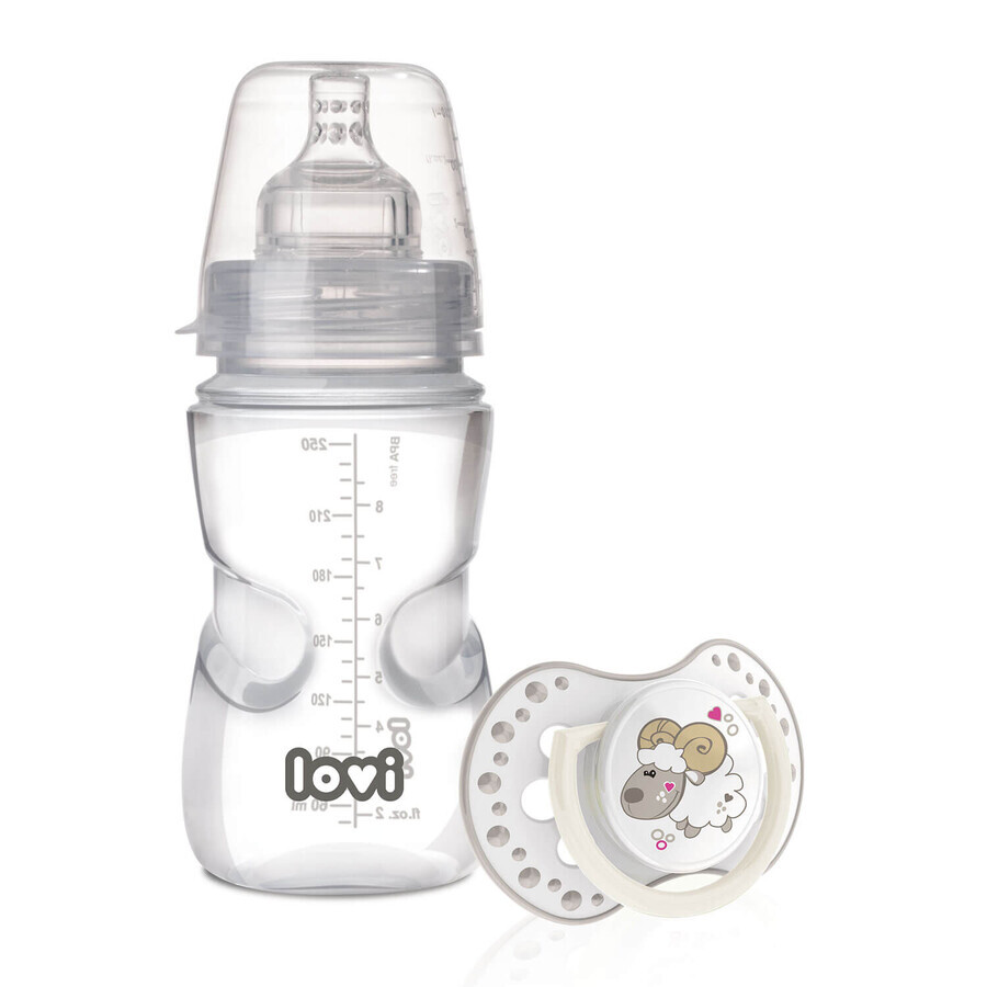 Lovi Medical+ set, anti-colic baby bottle with dynamic teat, porridge, from 6 months, 250 ml + pacifier, 3-6 months