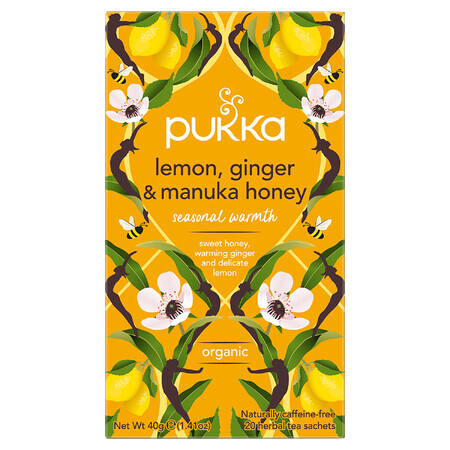 Pukka Lemon Ginger &amp; Manuka Honey Organic, Fruit and Herbal Tea, Ginger and Lemon, Flavored, 2 gx 20 Sachets