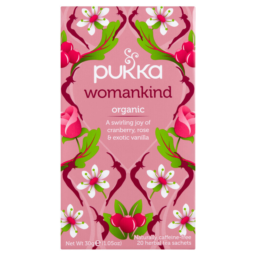 Pukka Womankind Organic, ceai de fructe și plante, merișor și trandafir, aromat, 1,5 g x 20 pliculețe