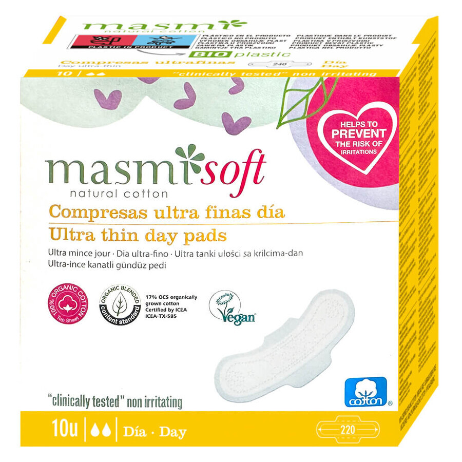 Masmi Natural Cotton Soft, assorbenti in cotone biologico, con ali, diurni, ultrasottili, 10 pezzi