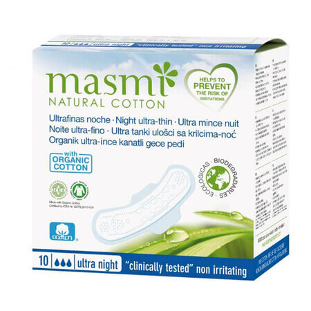 Masmi Natural Cotton, assorbenti in cotone biologico, con ali, per la notte, ultrasottili, 10 pezzi