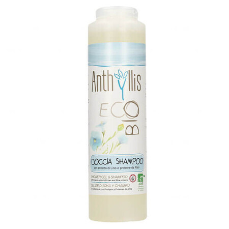 Anthyllis EcoBio, shampoo e lozione doccia 2 in 1 con estratto di lino e proteine del riso, 250 ml