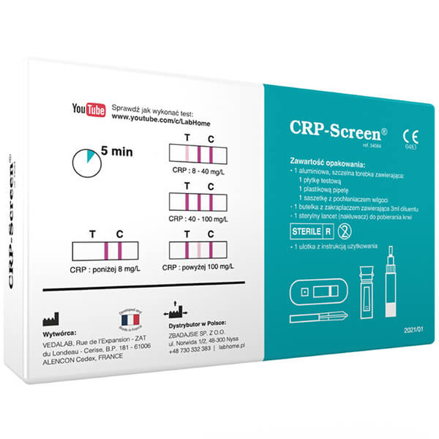 LabHome CRP-Screen, blood test for CRP protein level, diagnosis of infection and inflammation, 1 pc