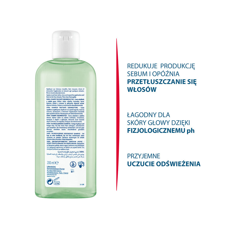 Ducray Sabal, shampoo seboregolatore per capelli grassi, 200 ml