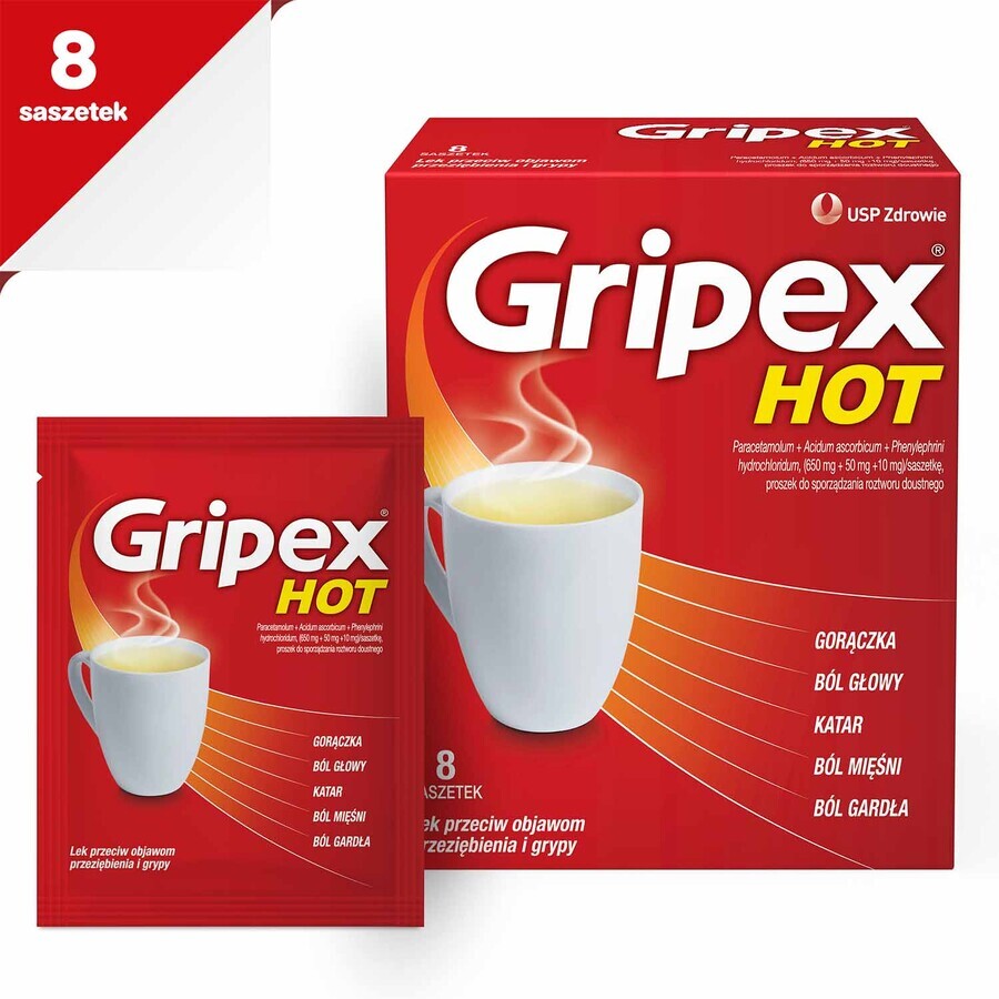 Gripex Hot 650 mg + 50 mg + 10 mg, polvo para solución oral, 8 sobres