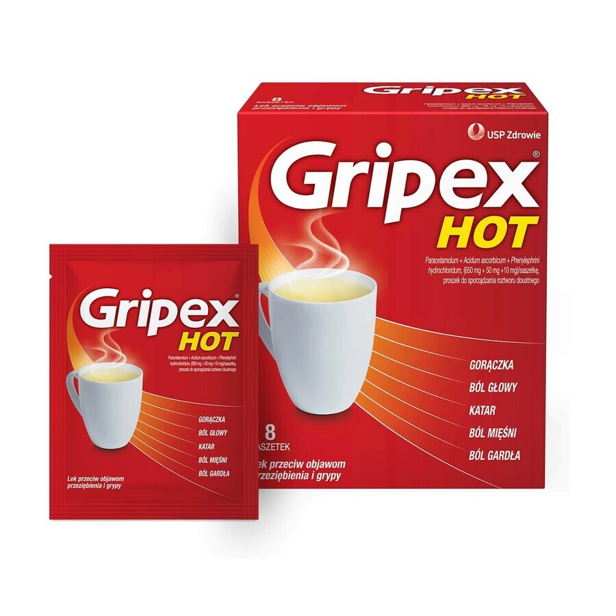 Gripex Hot 650 mg + 50 mg + 10 mg, polvo para solución oral, 8 sobres