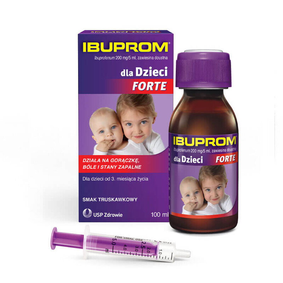 Ibuprom for children Forte 200 mg/ 5ml, oral suspension from 3 months, strawberry flavor, 100 ml