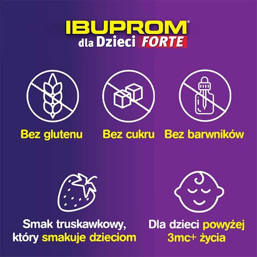 Ibuprom for children Forte 200 mg/ 5ml, oral suspension from 3 months, strawberry flavor, 100 ml