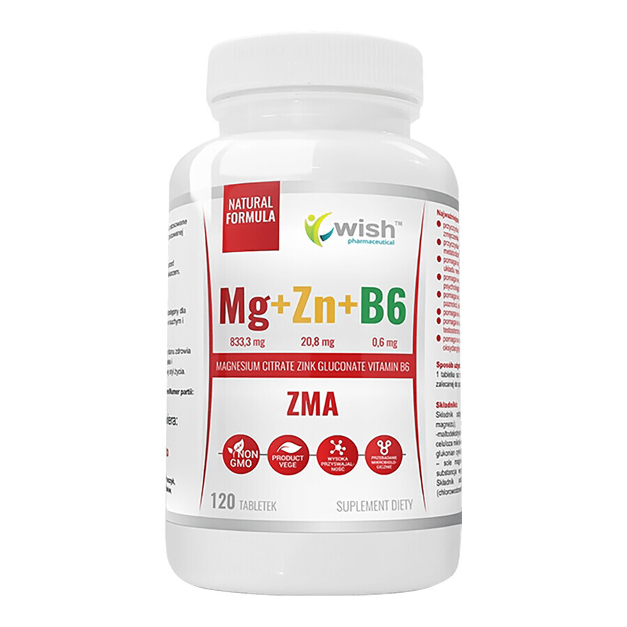 Wish Mg + Zn + B6 ZMA, magnesio, zinco, vitamina B6, 120 compresse