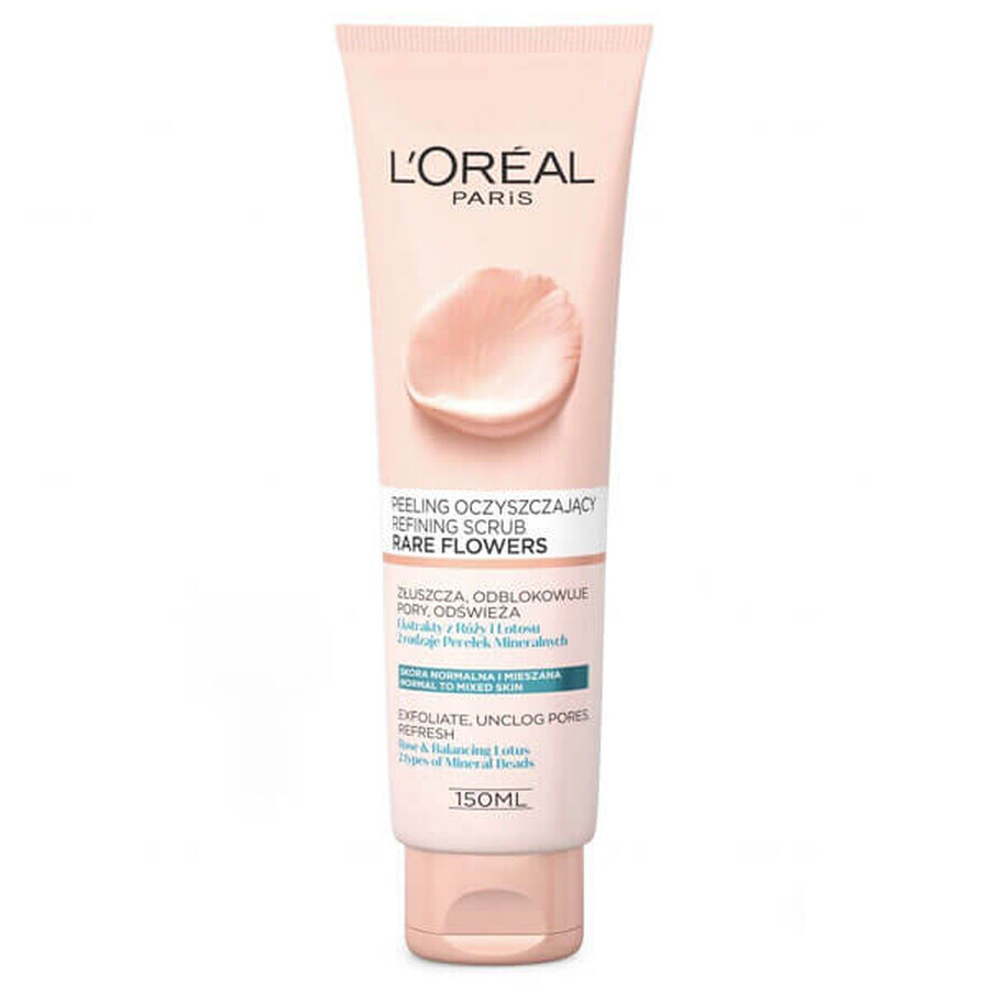 L'Oreal Rare Flowers, scrub detergente per il viso agli estratti di rosa e di loto, 150 ml