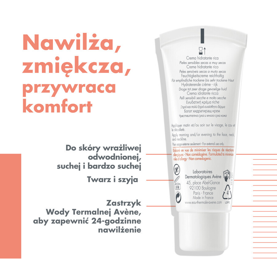 Avene Hydrance Rich, cremă hidratantă bogată, piele sensibilă, uscată și foarte uscată, 40 ml