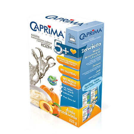 Caprima Premium porridge di mais e riso con latte intero di capra, zucca e pesca, senza glutine, dopo 5 mesi, 225 g