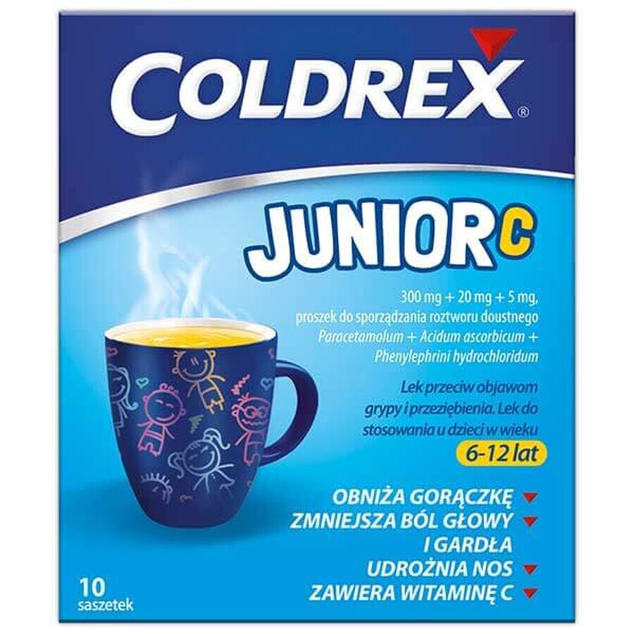 Coldrex Junior C 300 mg + 20 mg +5 mg, polvo para solución oral para niños de 6 a 12 años, sabor limón, 10 sobres