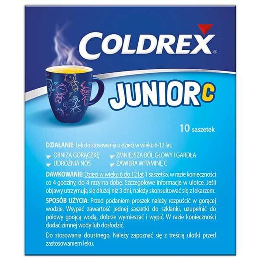 Coldrex Junior C 300 mg + 20 mg +5 mg, polvo para solución oral para niños de 6 a 12 años, sabor limón, 10 sobres