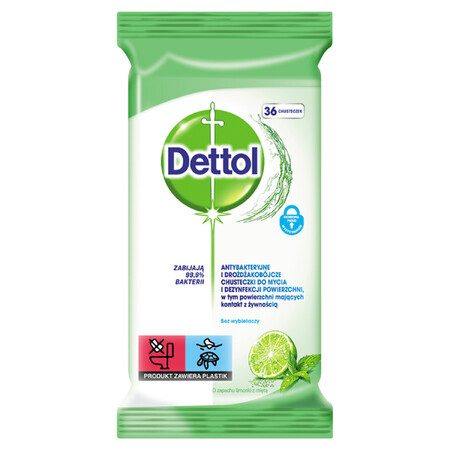 Dettol, salviettine antibatteriche e antiaggreganti per la pulizia e la disinfezione delle superfici, lime e menta, 36 pezzi