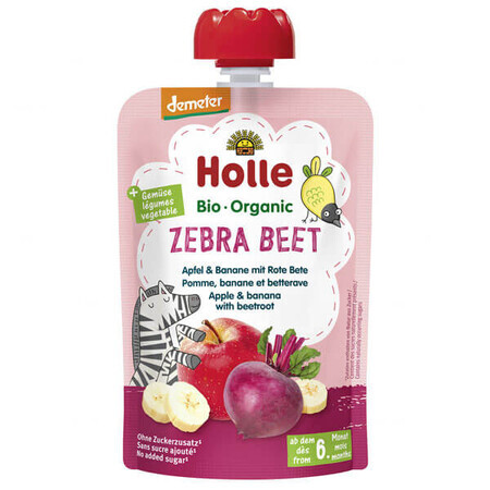 Holle, Mousse di frutta in tubetto, Barbabietola Zebra, mela, banana e barbabietola, dopo 6 mesi, 100 g