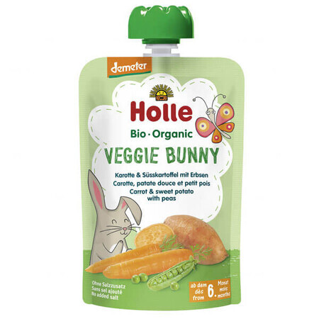 Holle Bio Veggie Bunny, mousse di verdure in tubetto, carota, patata dolce, piselli, dopo 6 mesi, 100 g