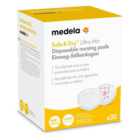 Medela, cuscinetti per il seno monouso, ultrasottili, Safe &amp; Dry, 30 pezzi