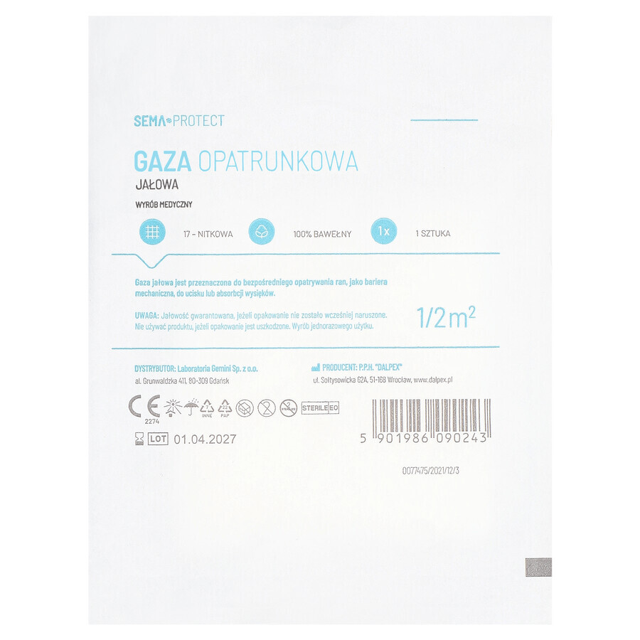 SEMA Protect, garza sterile, filettatura 17, 1/2 m2, 1 pezzo