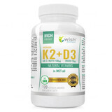 Wish, Vitamina K2 MK-7 Natto 100 µg + Vitamina D3 2000 UI 50 mcg + olio MCT, 120 capsule