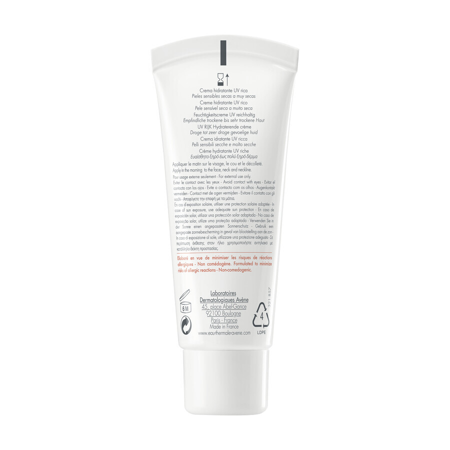 Avene Hydrance UV Rich, crema idratante ricca, pelle sensibile, secca e molto secca, SPF 30, 40 ml