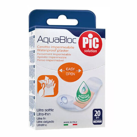 Pic Solution AquaBloc, cerotti per medicazione, antibatterici, impermeabili, 19 mm x 72 mm, 20 pezzi