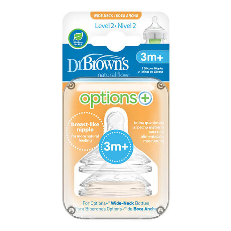 Dr Brown's Options+, tettarella in silicone a collo largo, livello 2, flusso naturale, 3-6 mesi, 2 pezzi