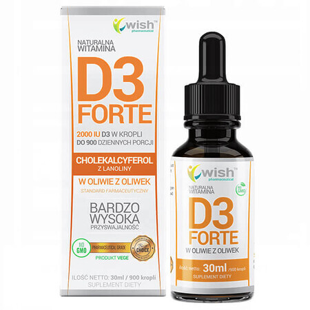 Wish, Vitamin D3 Forte 2000 IU, Cholecalciferol mit Lanolin, Tropfen, 30 ml