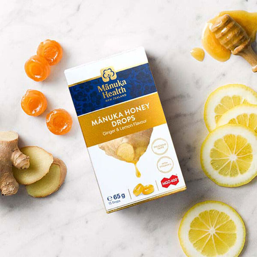 Manuka Health, caramelle con Manuka MGOM400 + miele e vitamina C, gusto zenzero e limone, 15 pezzi