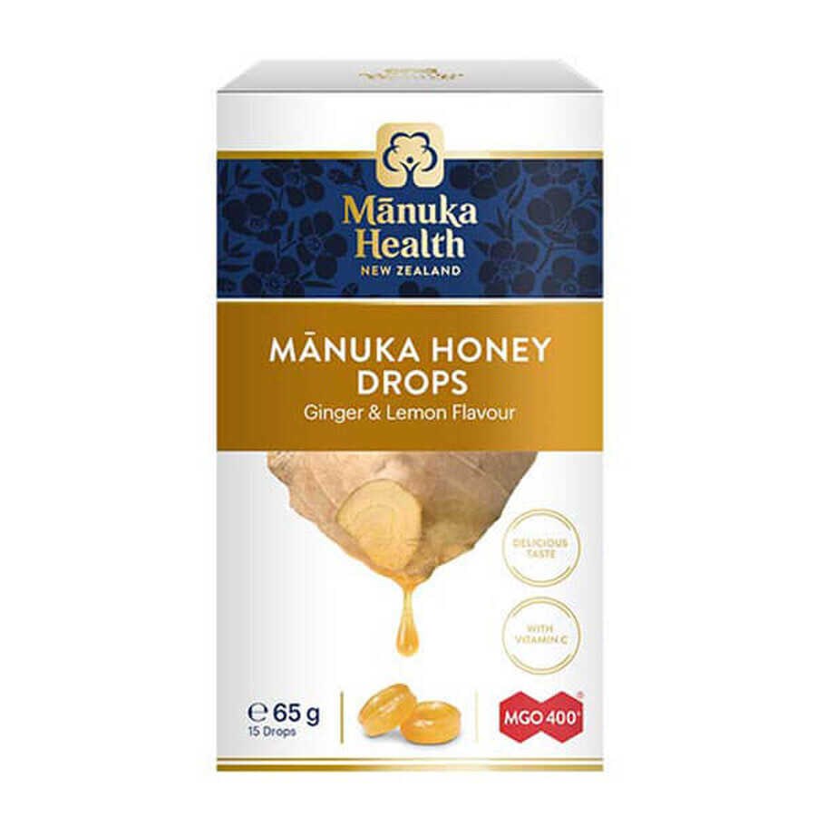 Manuka Health, caramelle con Manuka MGOM400 + miele e vitamina C, gusto zenzero e limone, 15 pezzi