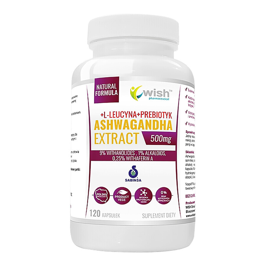 Wish Ashwagandha Extract, ashwagandha 500 mg + L-leucina + prebiotico, 120 capsule