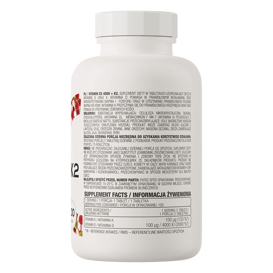 Vitamina D3 4000 + K2, 100 compresse, OstroVit 