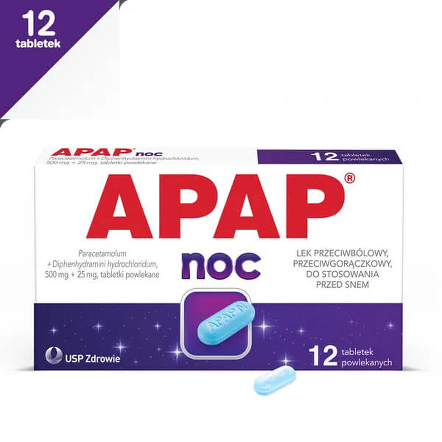 Apap Night 500 mg + 25 mg, 12 filmomhulde tabletten