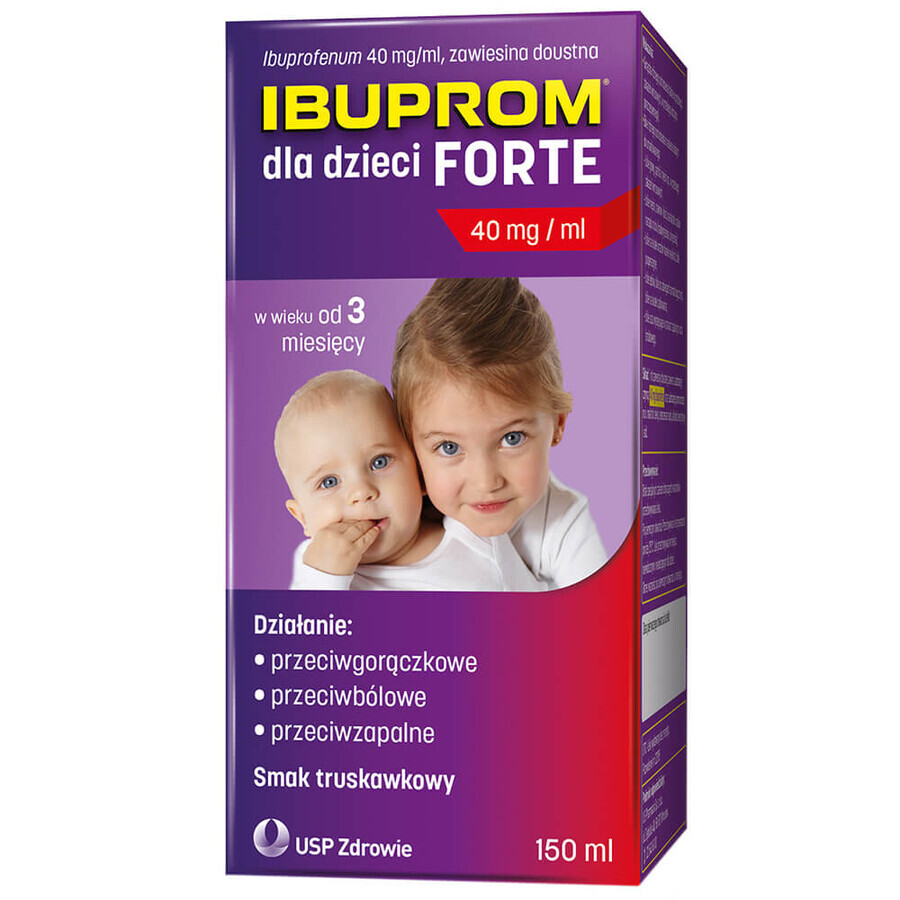 Ibuprom for Children Forte 200 mg/ 5 ml, sospensione orale, a partire da 3 mesi di età, gusto fragola, 150 ml