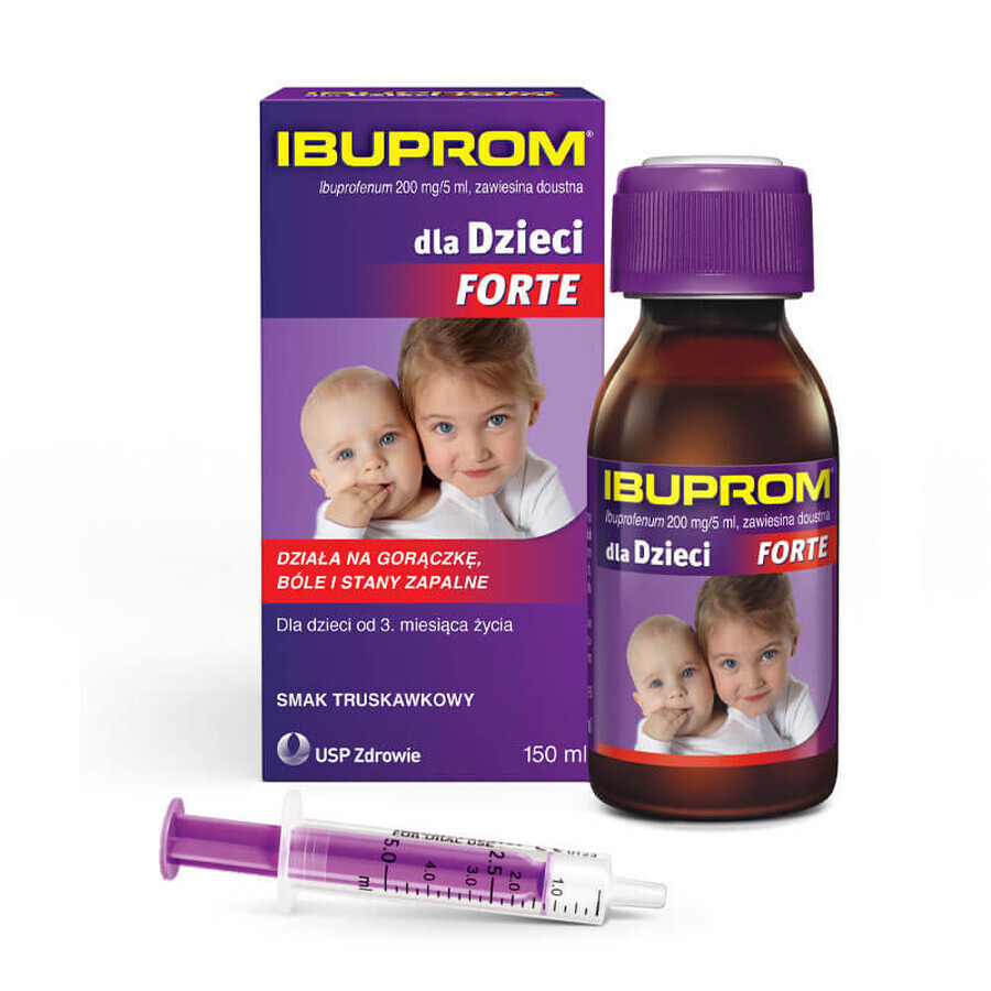 Ibuprom for Children Forte 200 mg/ 5 ml, sospensione orale, a partire da 3 mesi di età, gusto fragola, 150 ml