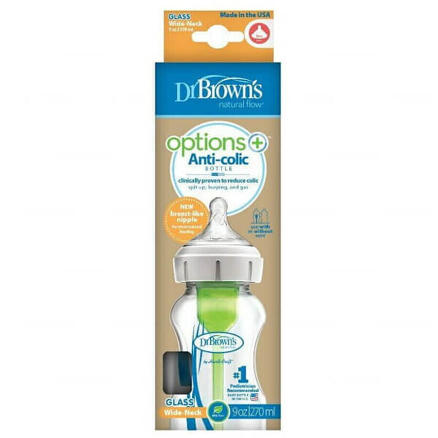 Dr Brown's Options+, biberon anticolica, vetro, collo largo, con tettarella, livello 1, 0-3 mesi, 270 ml