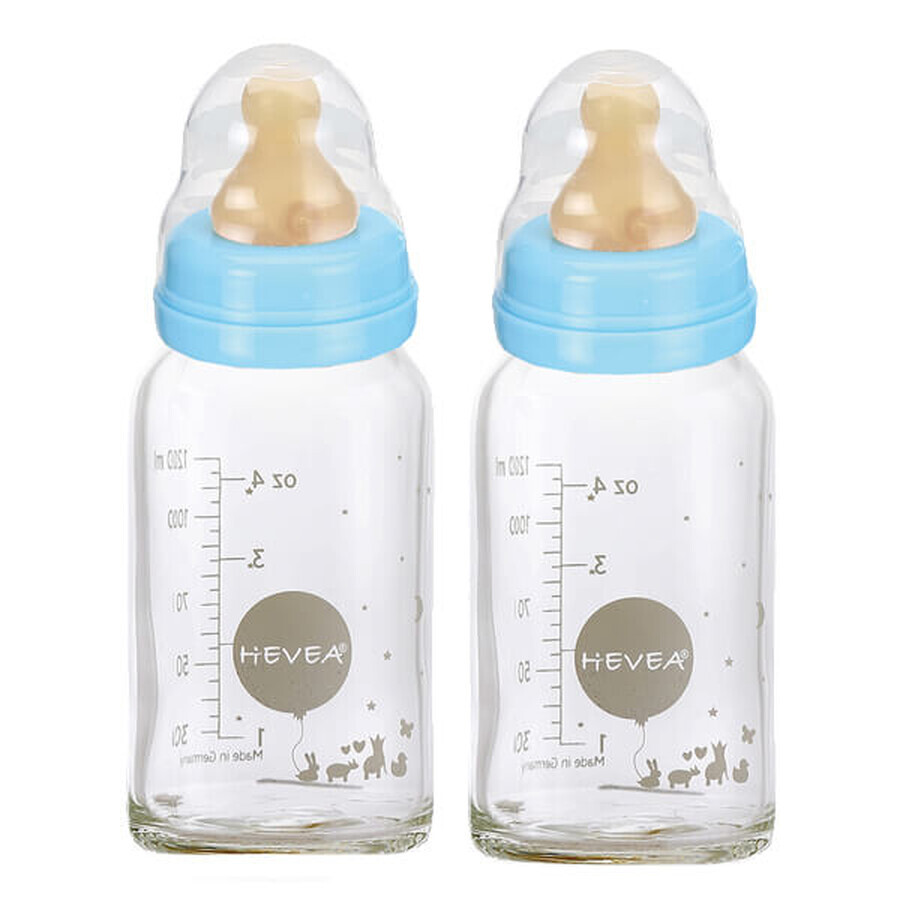 Hevea, glass bottle with rubber nipple, medium flow, blue, 3-24 months, 2 x 120 ml