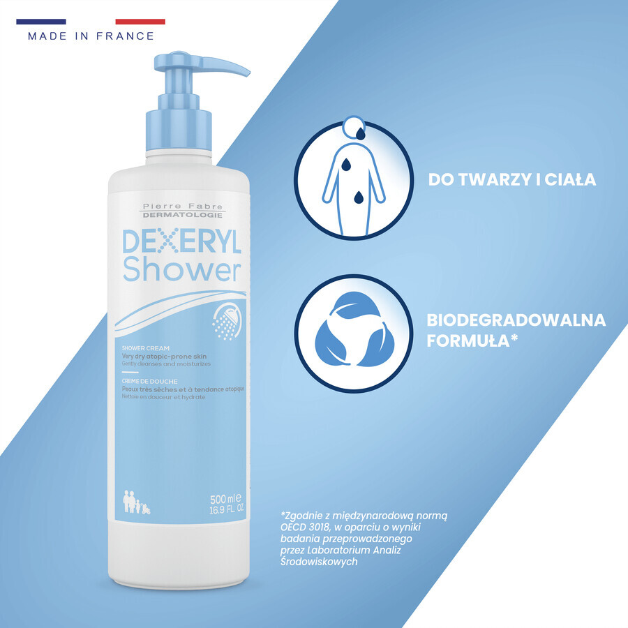 Dexeryl, Doccia, crema detergente per neonati, bambini e adulti, pelle molto secca e atopica, 500 ml