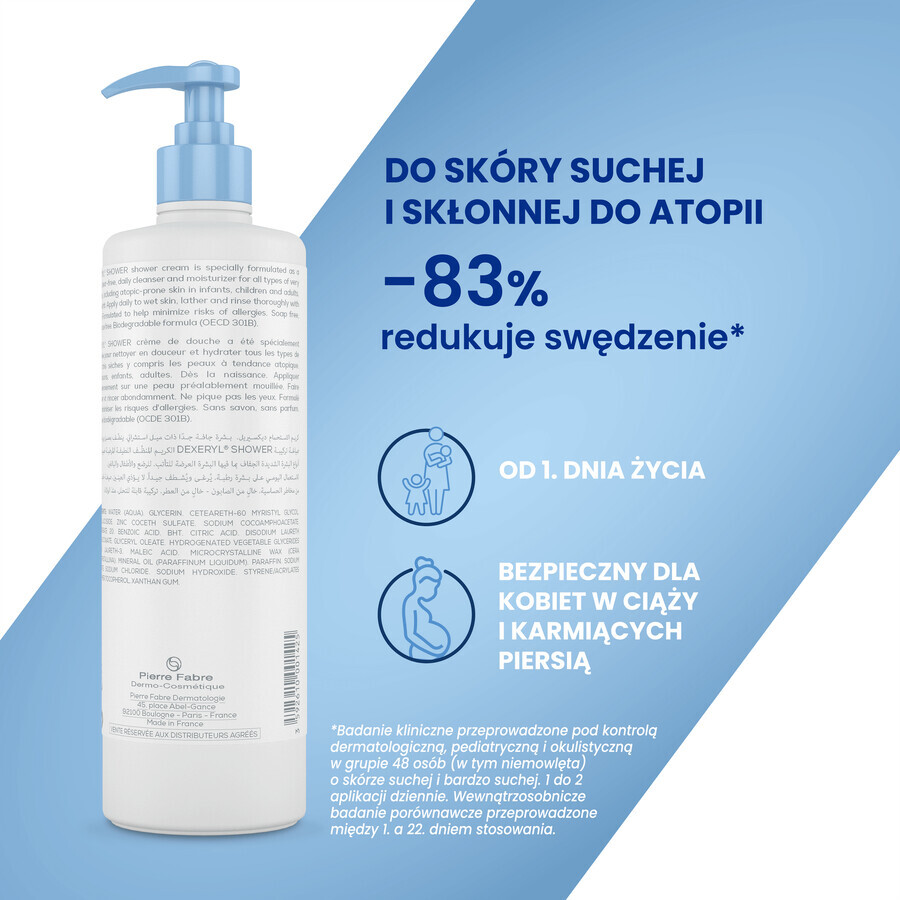 Dexeryl, Doccia, crema detergente per neonati, bambini e adulti, pelle molto secca e atopica, 500 ml