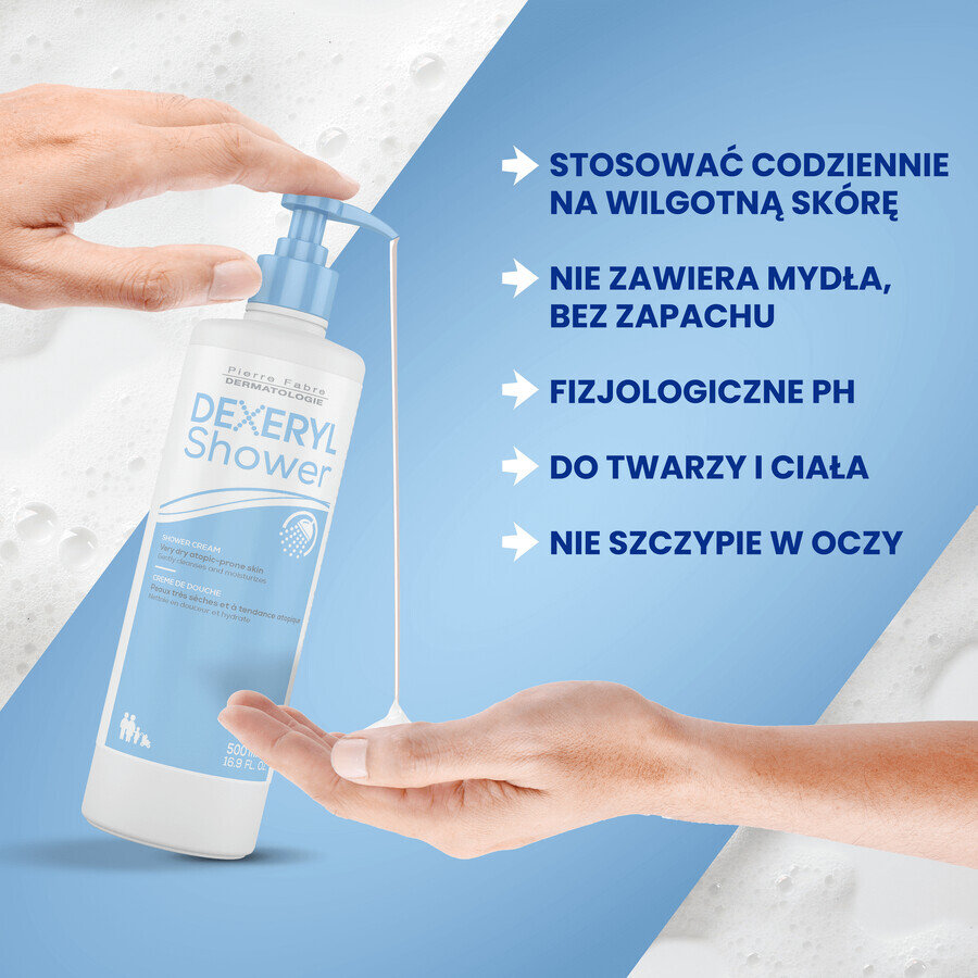 Dexeryl, Doccia, crema detergente per neonati, bambini e adulti, pelle molto secca e atopica, 500 ml