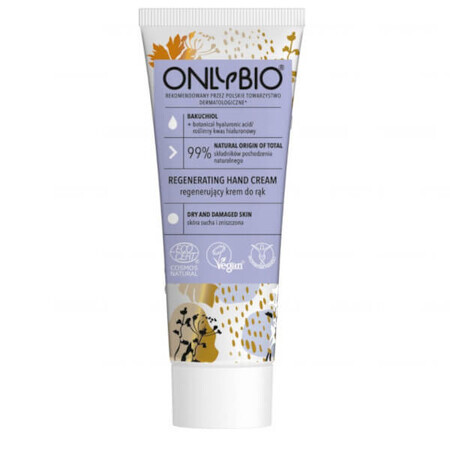 OnlyBio, crema mani rigenerante, bacuchiolo + acido ialuronico vegetale, 75 ml