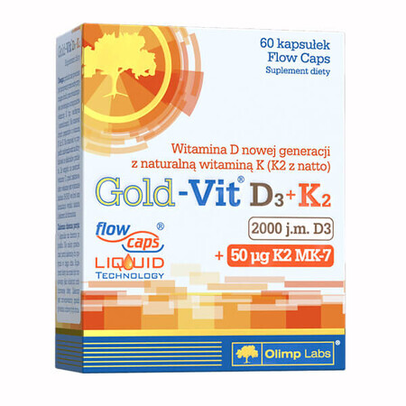 Olimp Gold-Vit D3 + K2, vitamina D 2000 UI + vitamina K 50 µg, 60 cápsulas